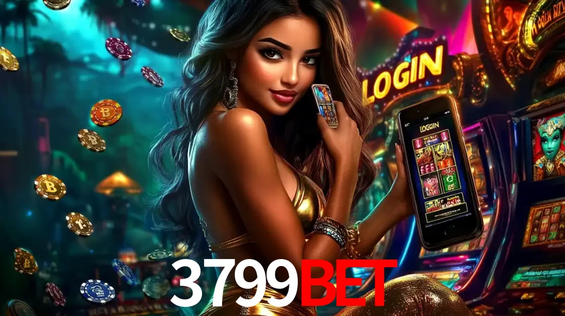 Mulher em um cenário de cassino temático de aventura, mostrando o app de caça-níqueis da 3799BET no celular. Fichas de apostas flutuam ao redor.