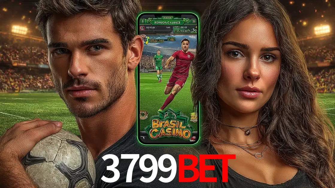 Homem segurando uma bola de futebol e uma mulher ao lado de um smartphone exibindo o jogo de apostas esportivas da 3799BET. Faça seu palpite no cassino online.