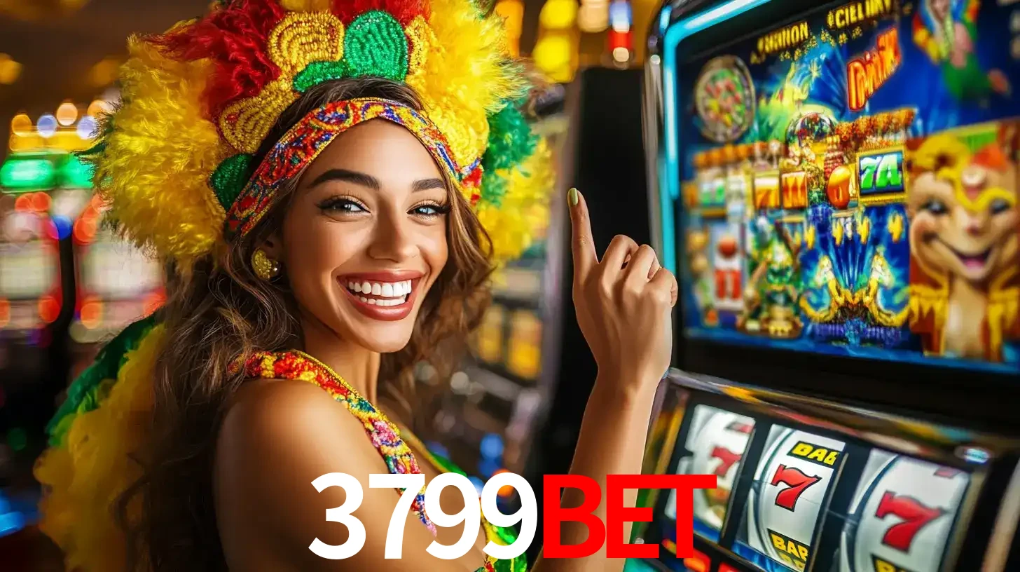 Mulher animada com um cocar de carnaval apontando para uma máquina de caça-níqueis, mostrando a emoção de ganhar um grande prêmio nos jogos do 3799BET.
