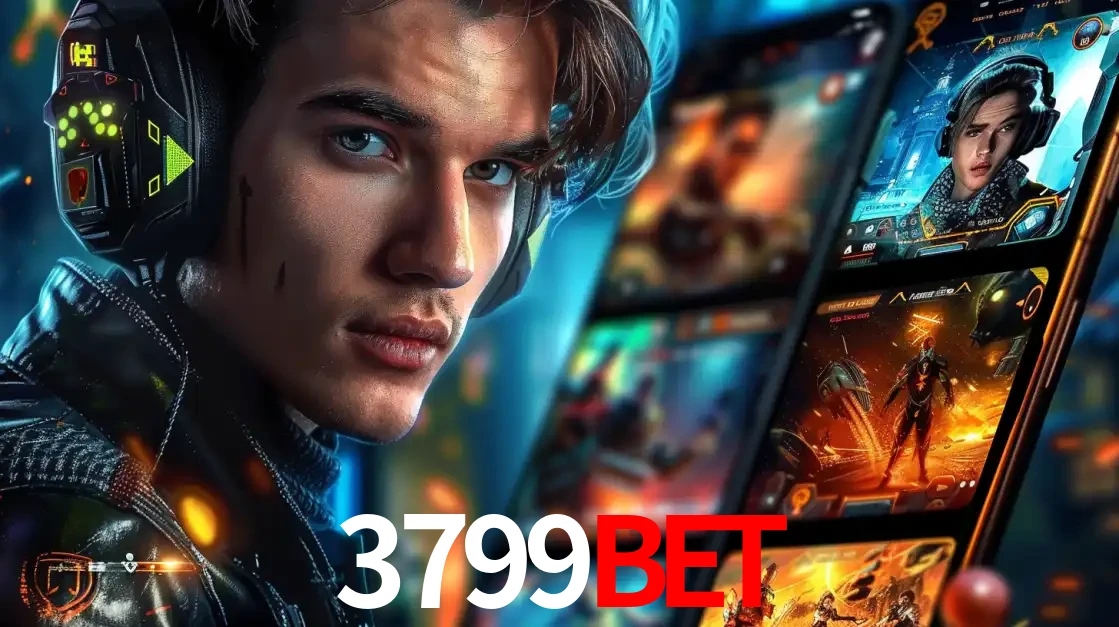 Jovem jogador com fones de ouvido olhando para a câmera, com um aplicativo de jogos e e-sports para celular ao fundo, pronto para a competição e apostas no 3799BET.