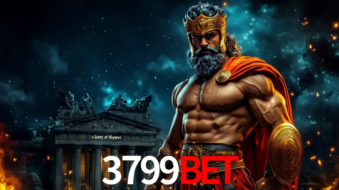 O poderoso Zeus do jogo de slot Gates of Olympus em frente ao seu templo, pronto para lançar multiplicadores divinos e prêmios épicos no cassino online 3799BET.