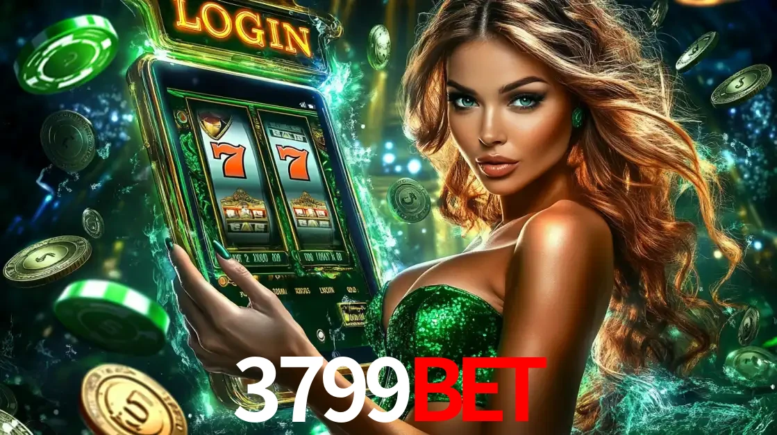 Mulher com tema verde apresentando o aplicativo do cassino 3799BET com um jogo de slot de 777, cercada por fichas de cassino e uma aura de sorte.