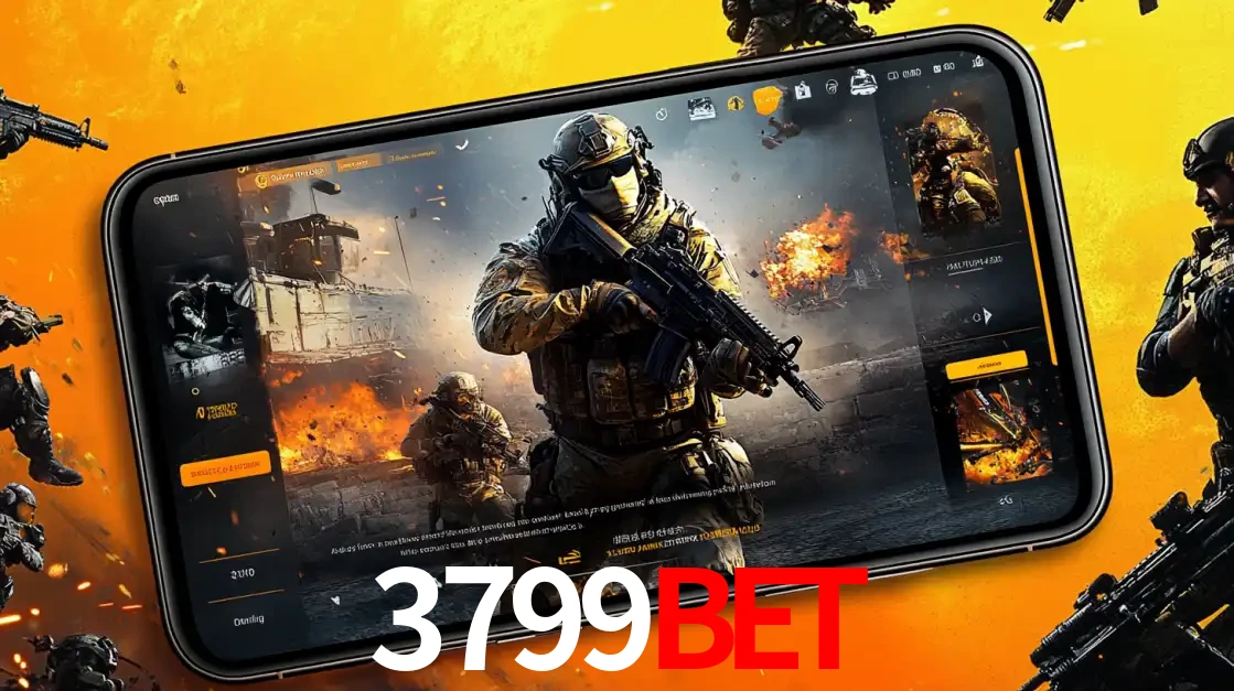 Um smartphone exibindo a interface de um jogo de tiro em primeira pessoa, com um soldado em um cenário de batalha, representando a ação dos e-sports para apostar no 3799BET.