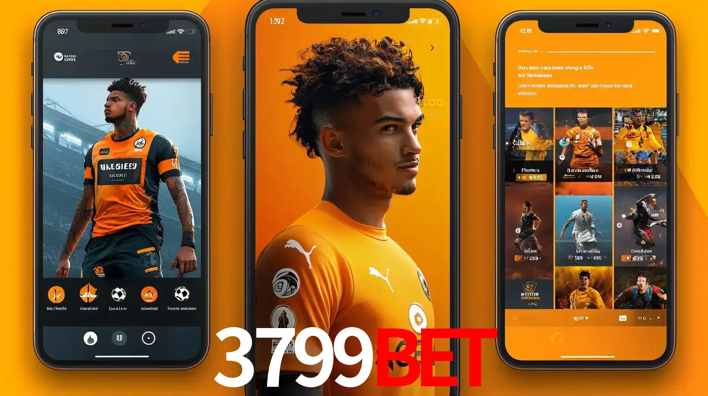 Interface do aplicativo de apostas esportivas 3799BET em três telas de celular, mostrando o perfil de um jogador de futebol e a lista de jogos disponíveis para apostar.