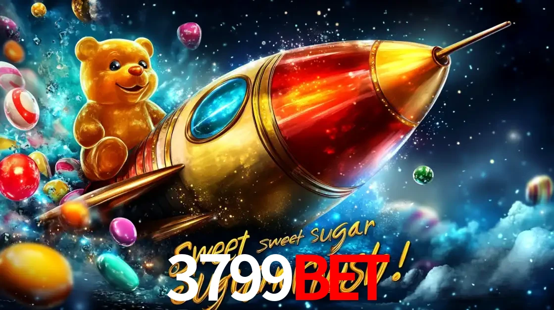 Arte promocional do jogo de slot Sugar Rush, com um urso de pelúcia em um foguete viajando pelo espaço de doces, um dos jogos divertidos disponíveis no cassino 3799BET.