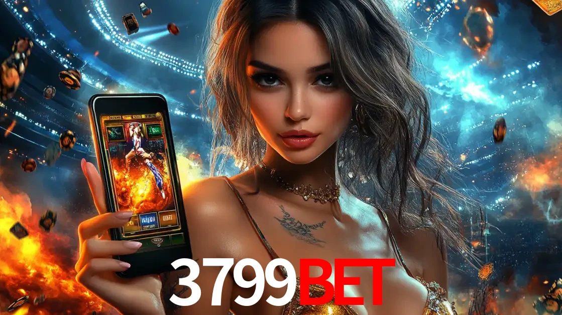 Mulher segurando um celular com um jogo de slot em destaque, tendo como fundo um estádio vibrante, simbolizando a emoção de jogar no cassino móvel 3799BET.